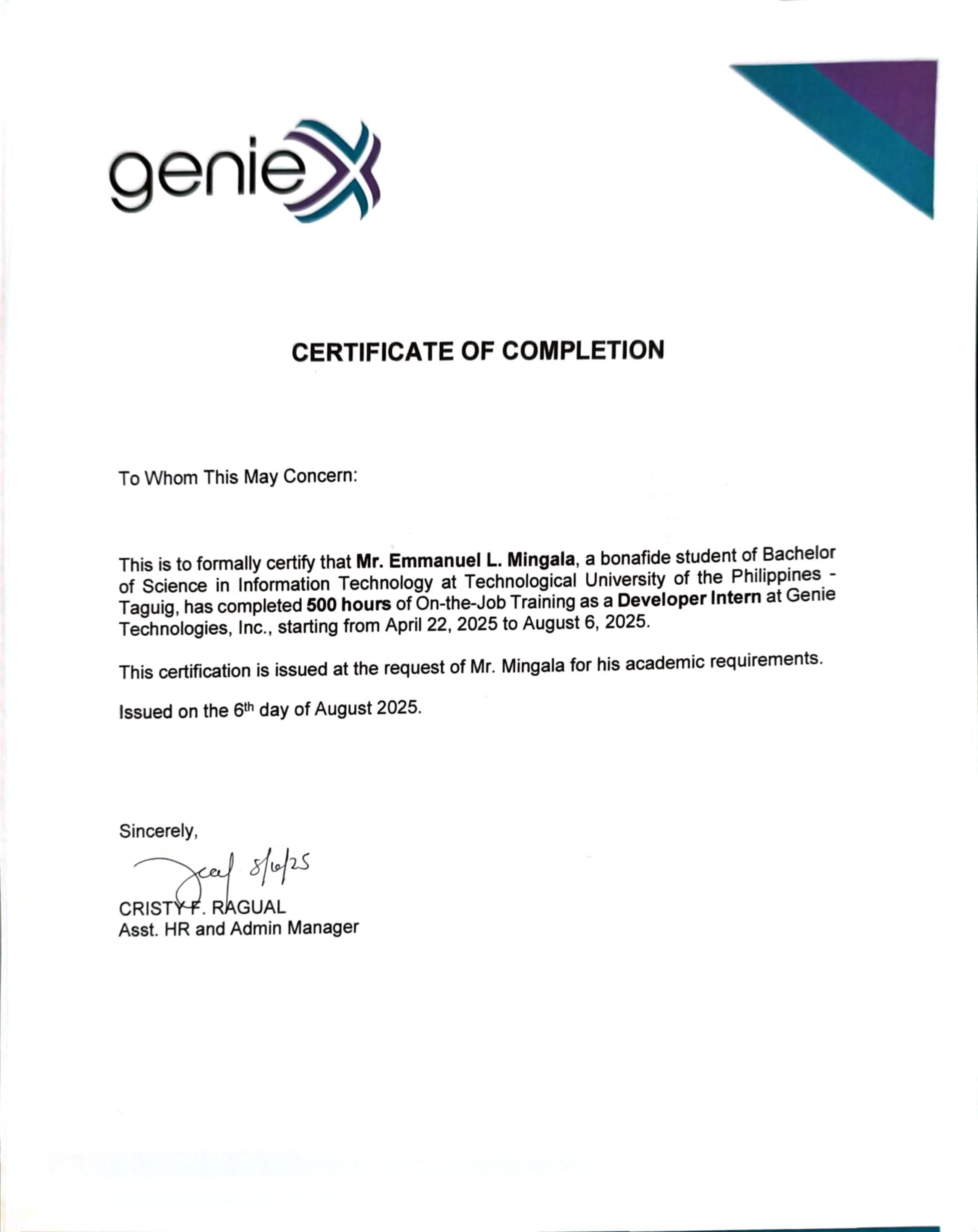 Certificate of Completion - Developer Internship